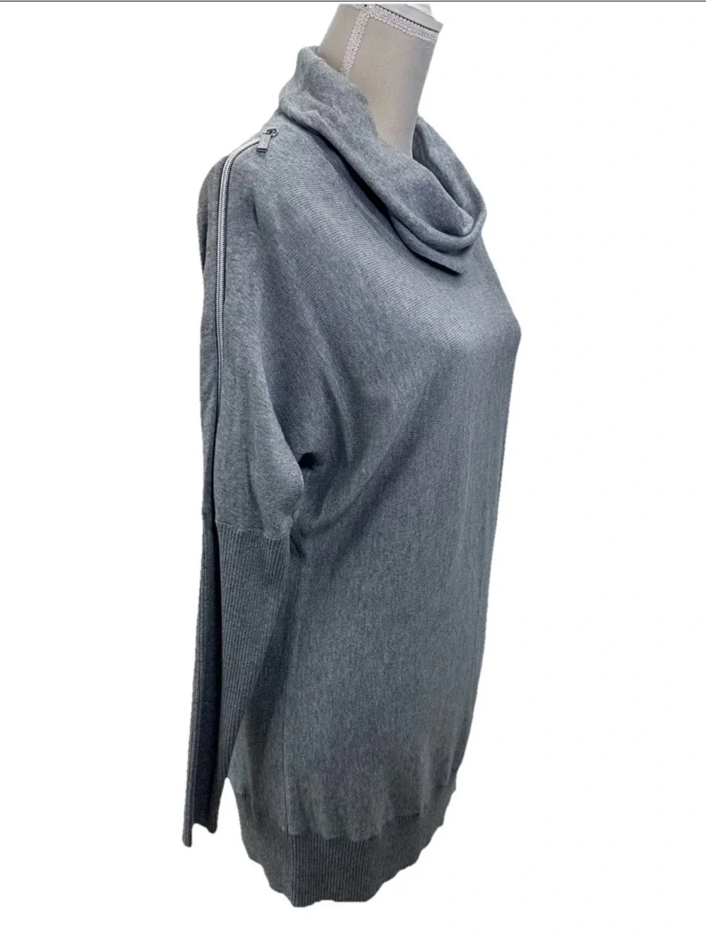 Michael Kors Heather Gray Cowl Neck Tunic Sweater Zipper Sleeves